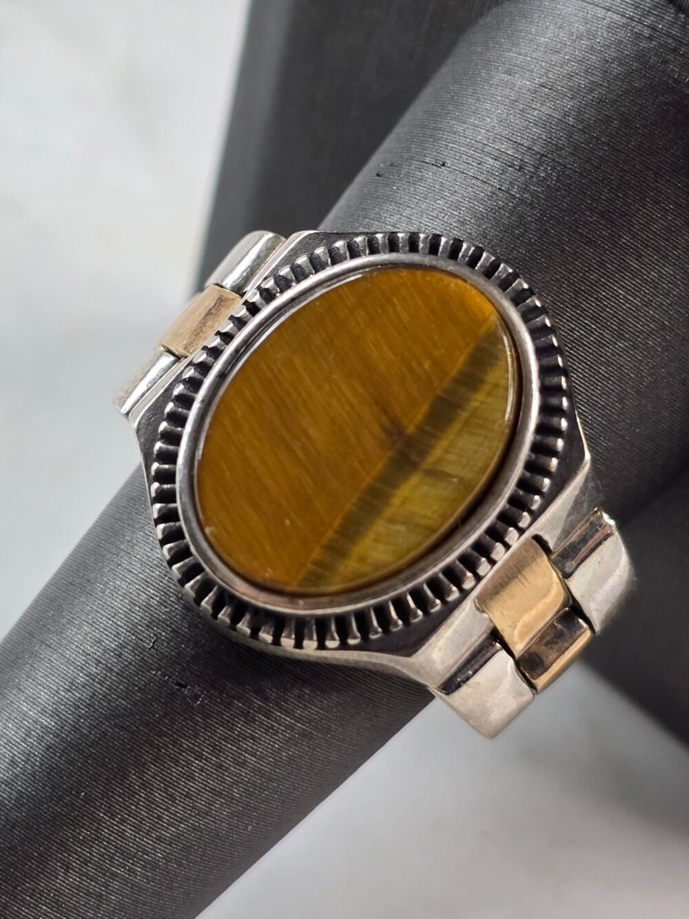 Mens Sterling Silver Tigers Eye Watch Band Ring 13.9g E3017